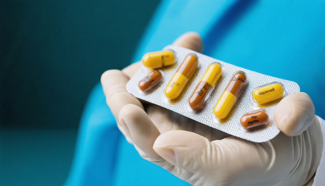 Blister pack of vardenafil tablets next to a glass of water, symbolizing treatment for erectile dysfunction and safe medication use